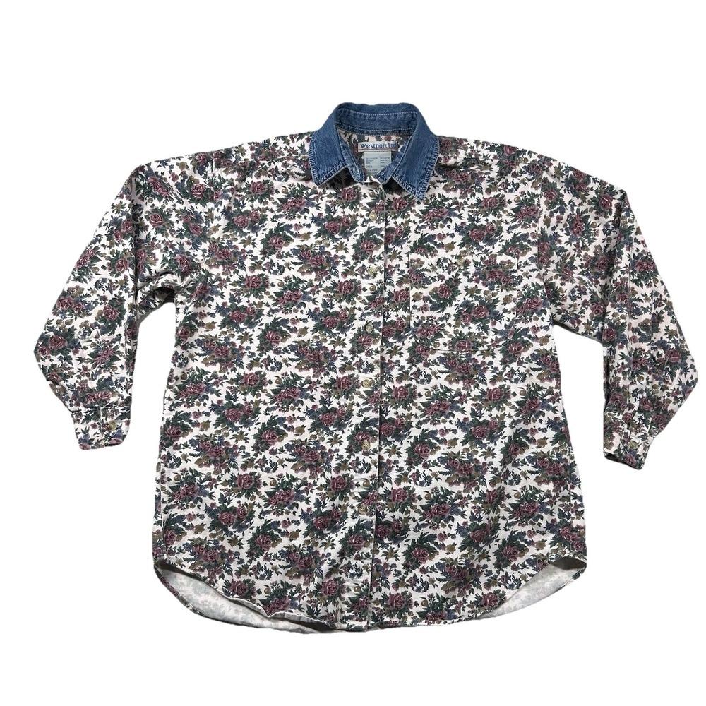 Vintage Westport Ltd. Shirt Womens S All Over Flowers Floral Denim Oversized